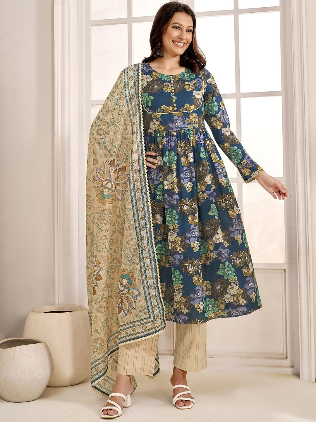 Anouk Blue Floral Printed Pleated Pure Cotton Anarkali Kurta With Palazzo & Dupatta