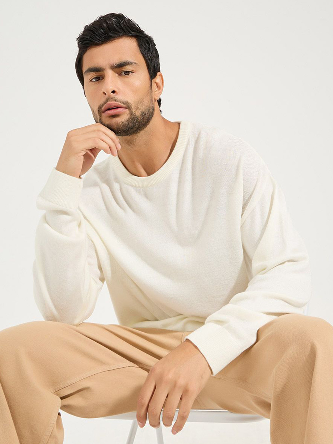 Styli Cream-Coloured Crew Neck Relaxed Fit Light Weight Acrylic Pullover Sweater