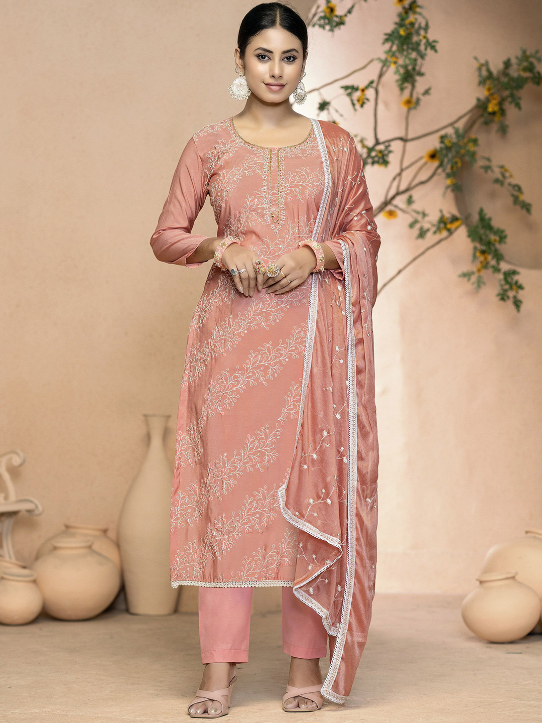 MANVAA Sequinned Floral Embroidered Unstitched Dress Material