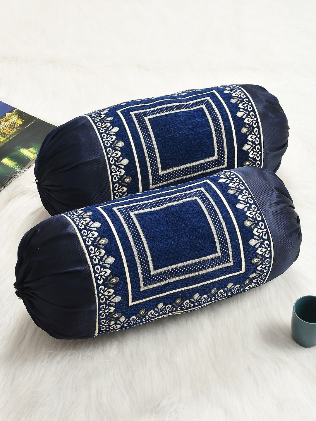 hargunz Blue & White 2 Pieces Self Design Chenille Velvet Bolster Covers