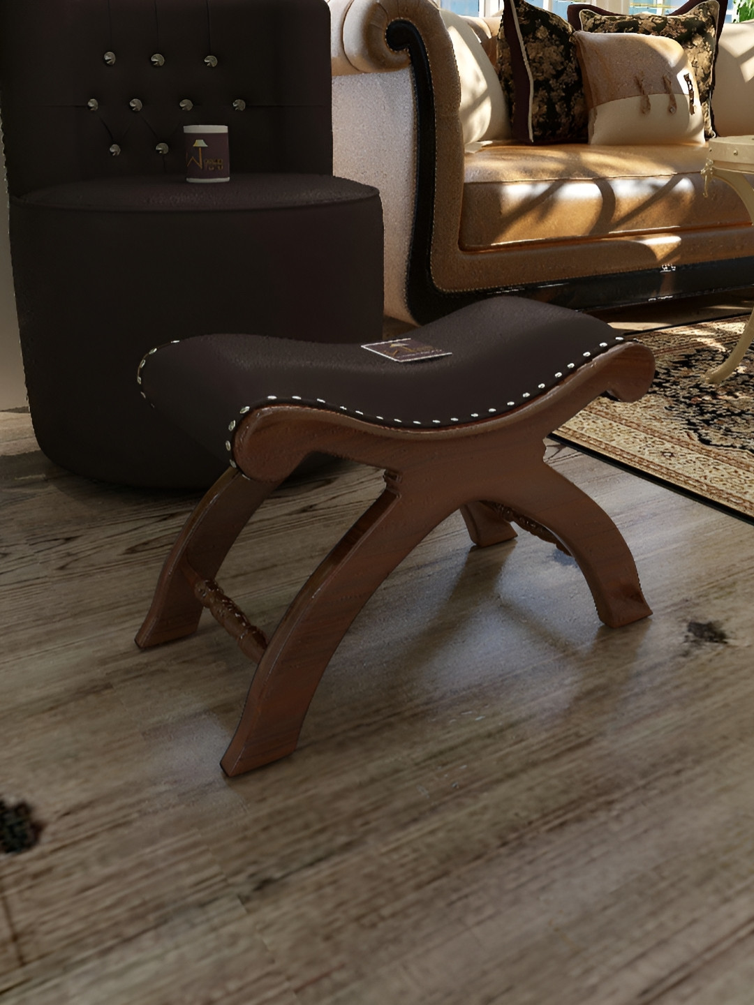 Wooden Twist Brown Wooden Cushioned Ottoman Stool