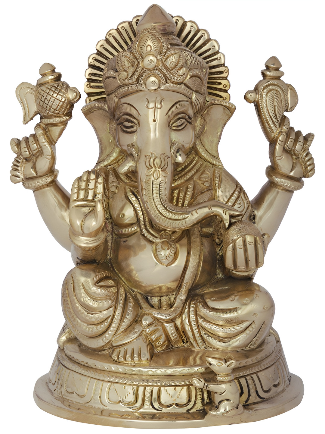Exotic India Four Armed Blessing Ganesha Yellow Brass Metallic Prayer Room Hand Made Medium Showpiece - 8 Inches