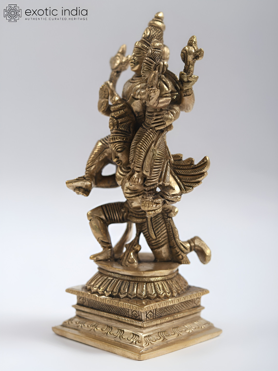 Exotic India Lord Vishnu with Lakshmi Seated On Garuda Gold Brass Metallic Prayer Room Small Showpiece - 5.5 Inches