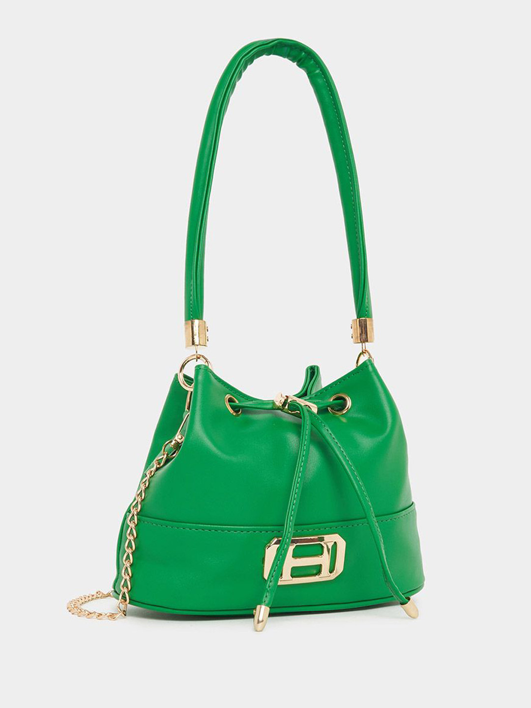 Styli Green Embellished Drawstring Detail Bucket Shoulder Bag