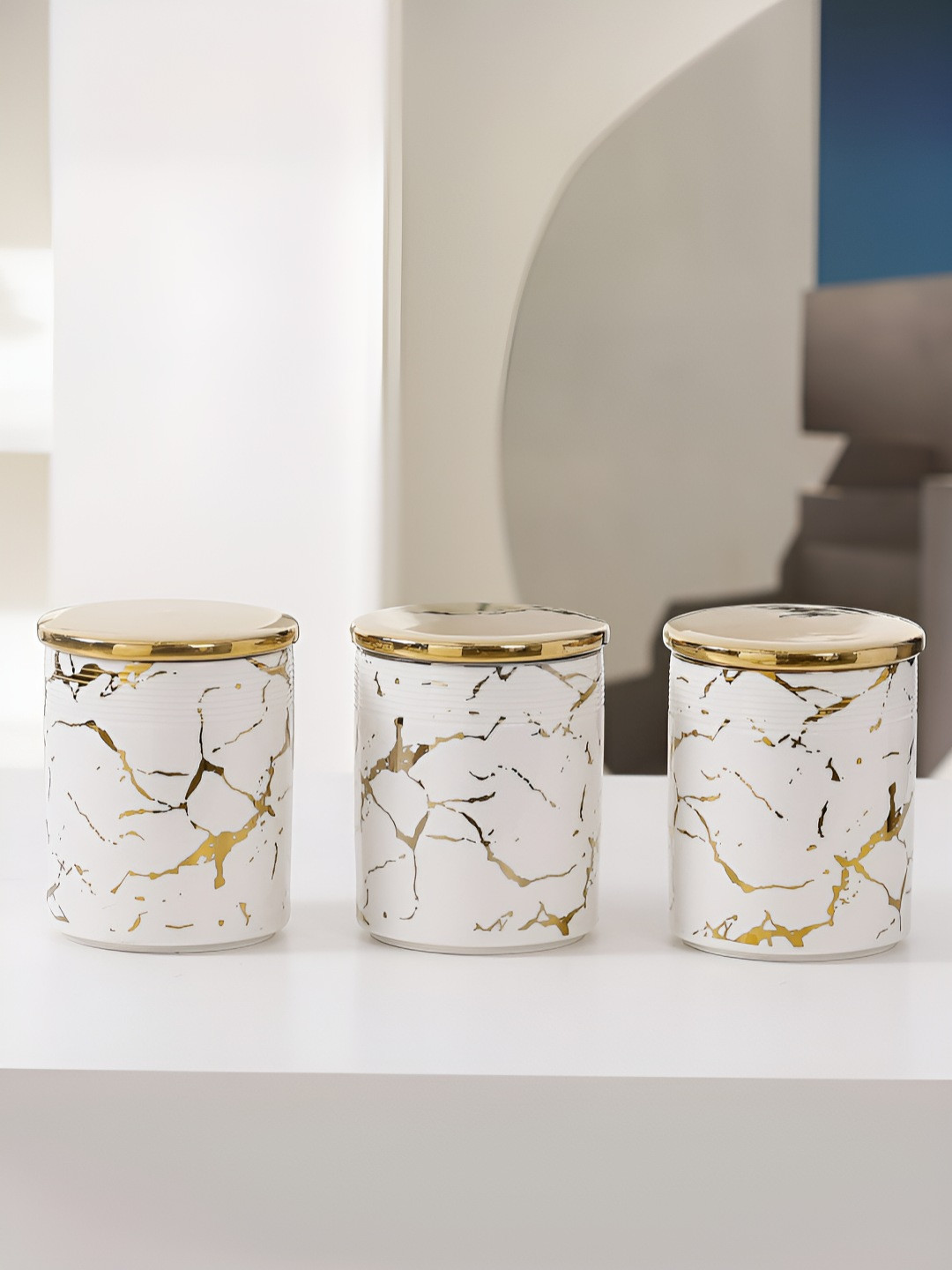 Umai White Marble Ceramic Stain Resistant 3 Piece Flip Top Canister-720ml