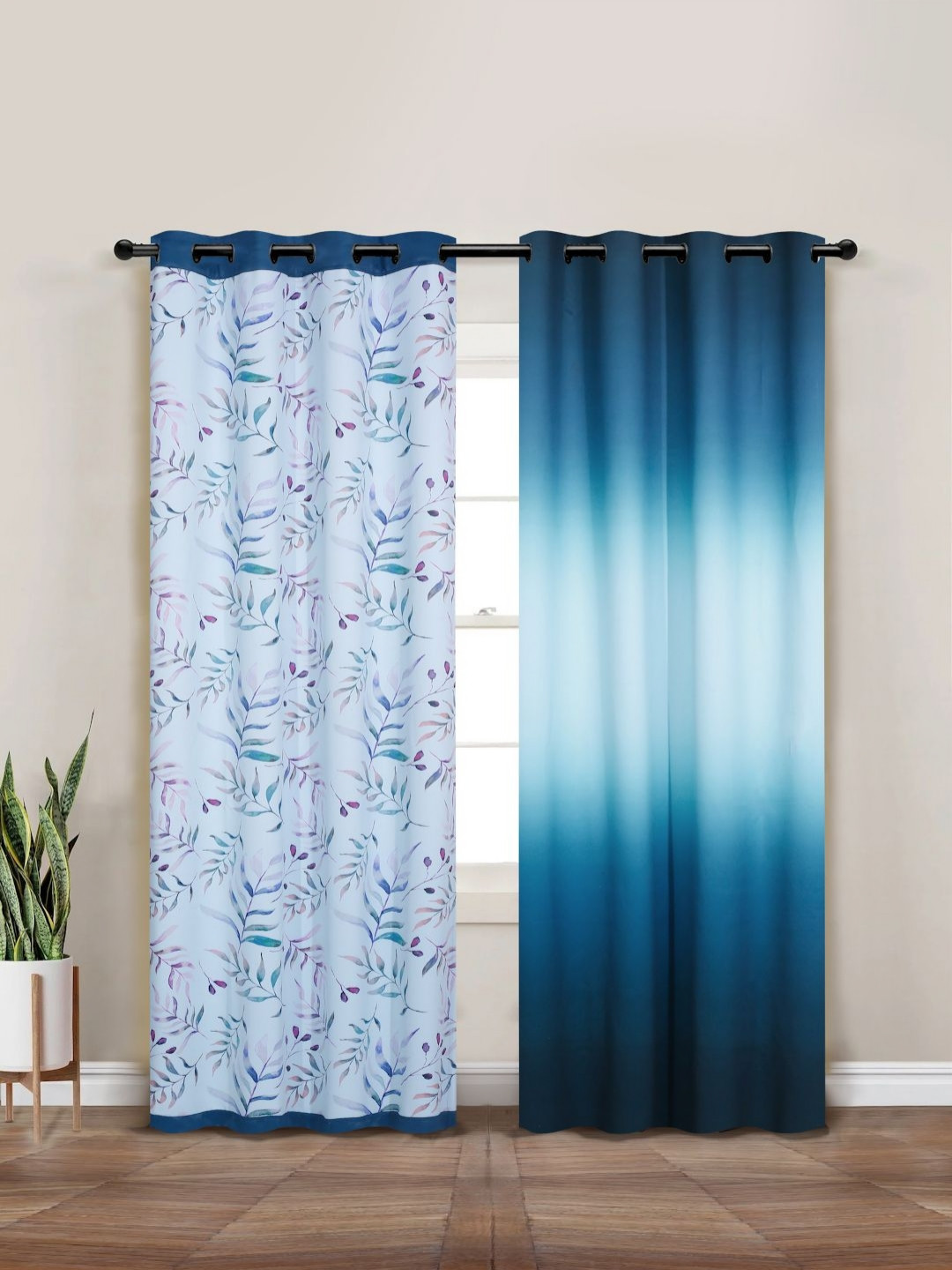Myntra Elegant Homes Turquoise Blue & Pink Set of 2 Floral Black Out Door Curtain