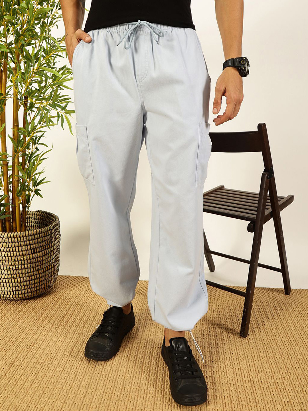 Mast & Harbour Men Parachute Loose Fit Mid Rise Cotton Cargo-Style Trousers