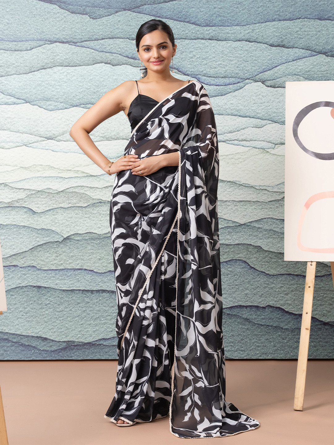 RACHNA Mono Prints Lace Work Weightless Georgette Ready To Wear Saree