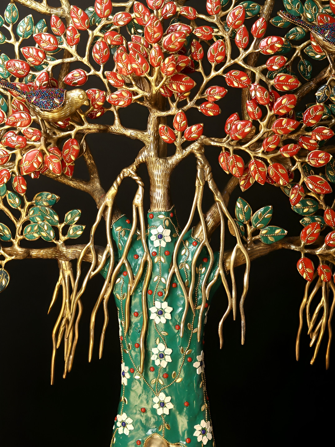 Exotic India Tree Of Life with Perched Birds Gold Brass Metallic Living Room Extra Large Showpiece - 34 Inches