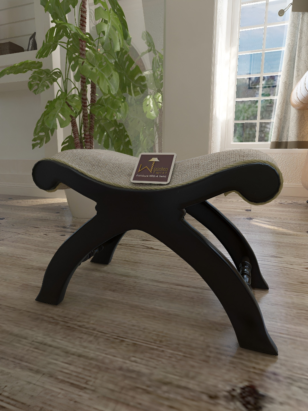 Wooden Twist Grey & Brown Wooden Cushioned Ottoman Stool