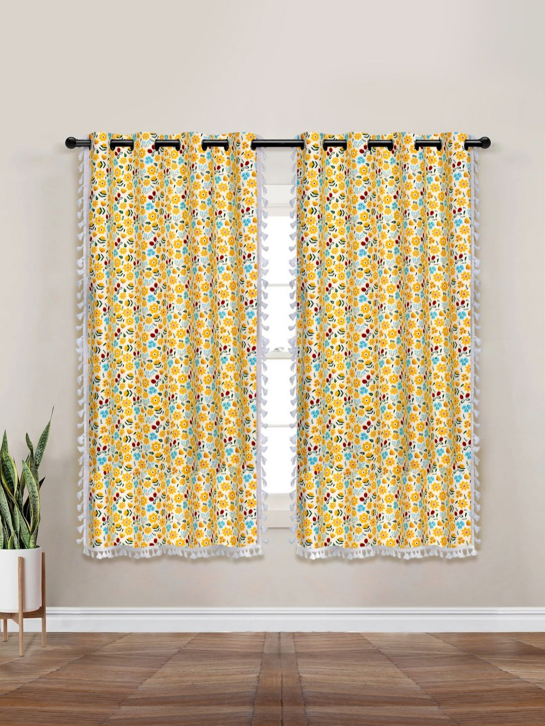 Myntra Elegant Homes Yellow & White Set of 2 Floral Black Out Window Curtain