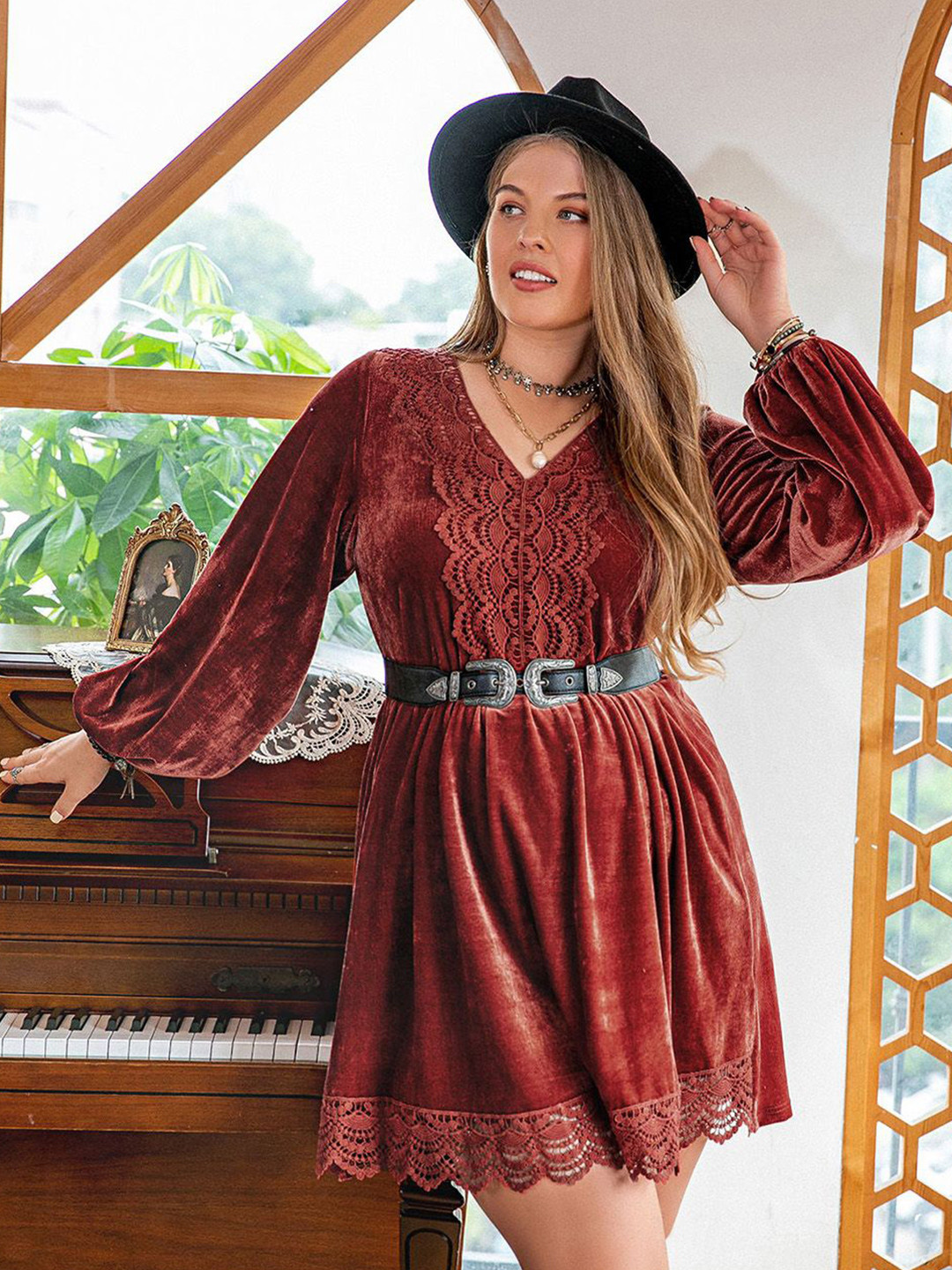 JC Mode V-Neck Cuffed Sleeves Fit and Flare Dress