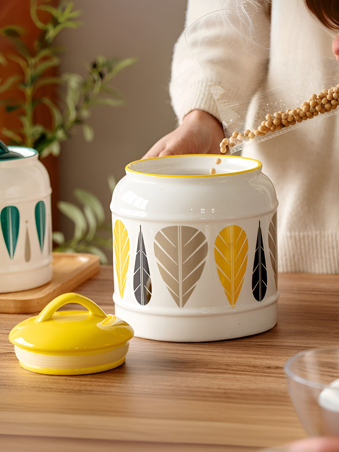 UMAI White & Yellow Leaf Printed Ceramic Multipurpose Jar With Lid - 2.5 L