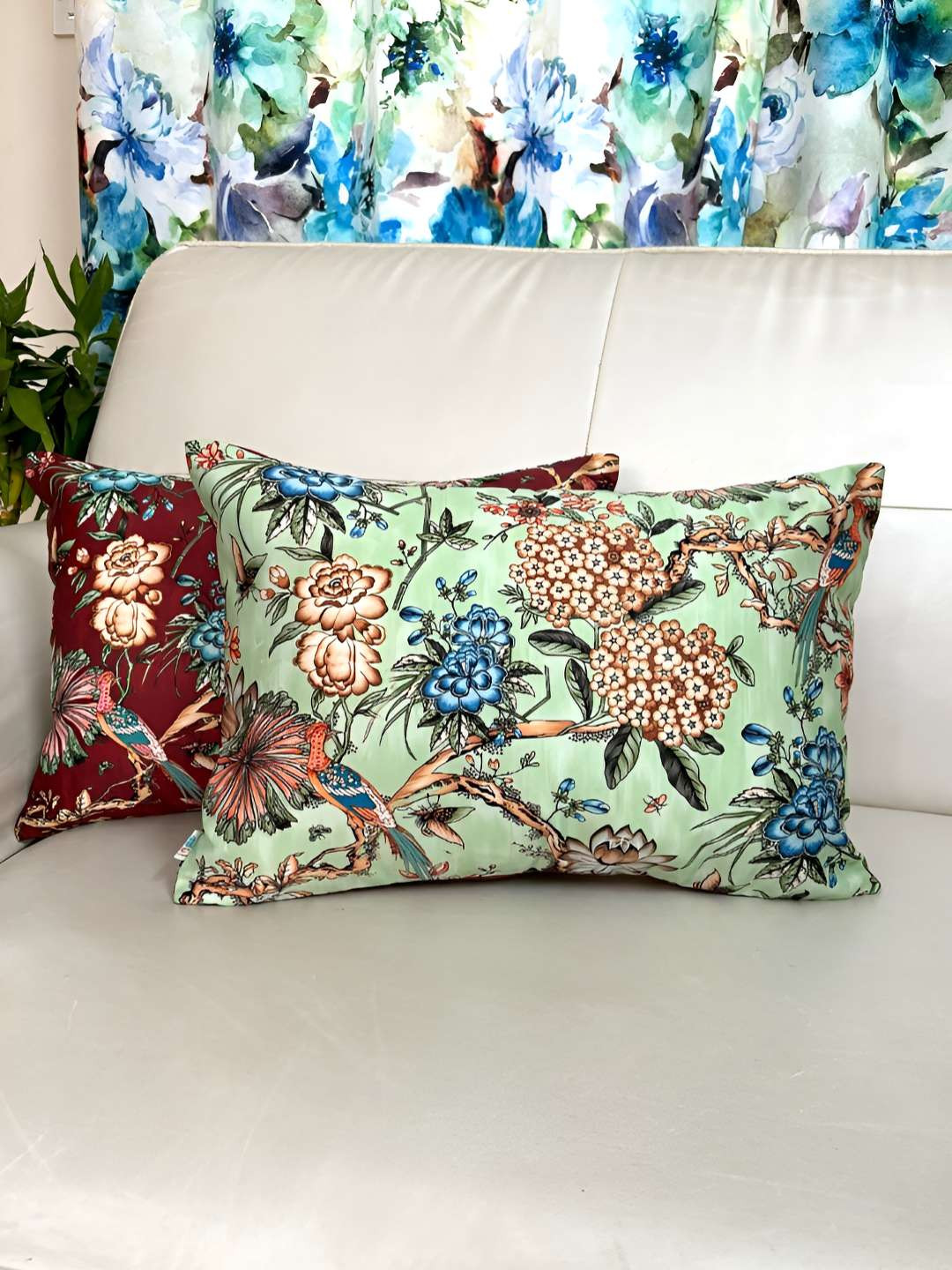 TARA- Sparkling Homes Red Floral Satin Ultra Soft 4 Pcs Rectangle Cushion Covers -12x18In