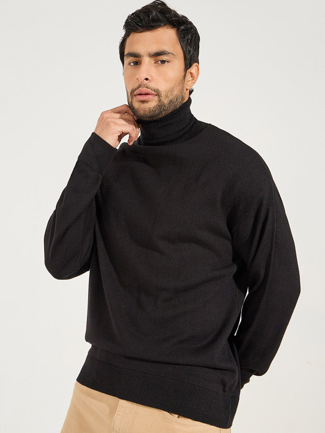 Styli Black Turtle Neck Relaxed Fit Light Weight Acrylic Pullover Sweater