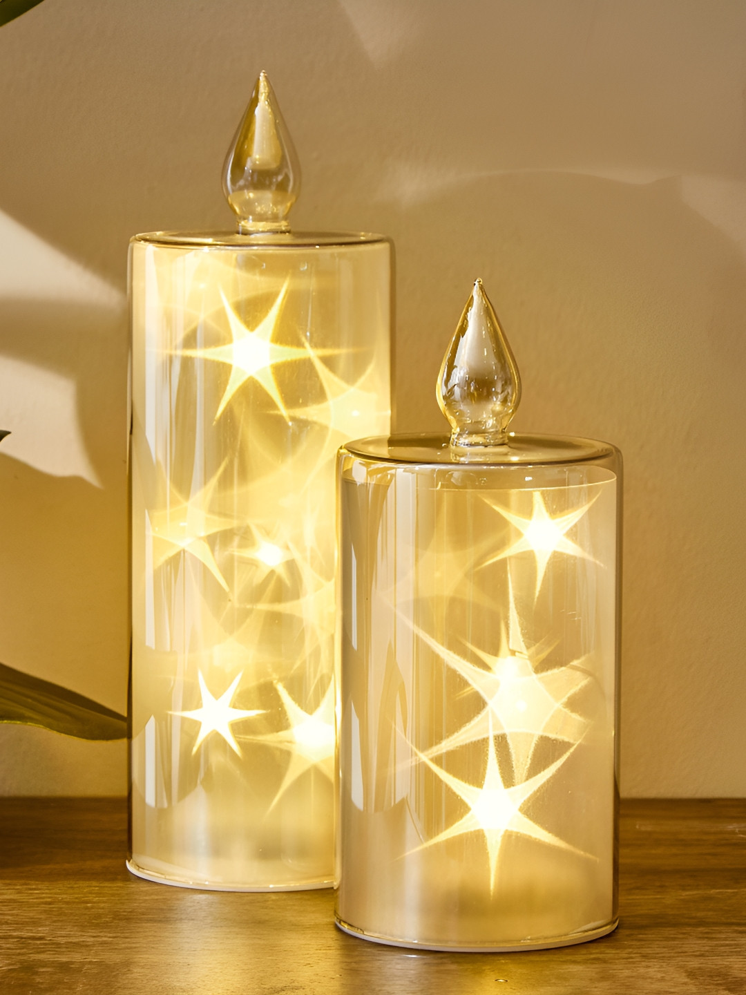 Home Centre Serena Gold-Toned 2 Pieces Glass Quirky Cylindrical Shaped Table Lamp