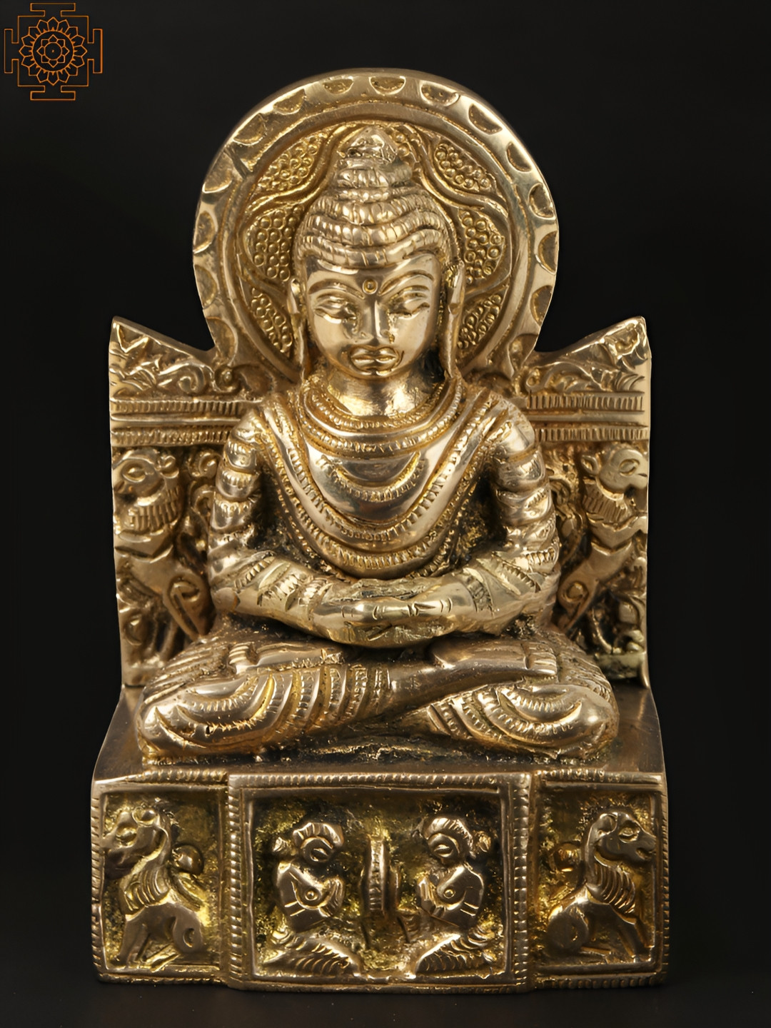 Exotic India Gautama Buddha Brass on Throne Gold Brass Metallic Prayer Room Small Showpiece - 2.8 Inches