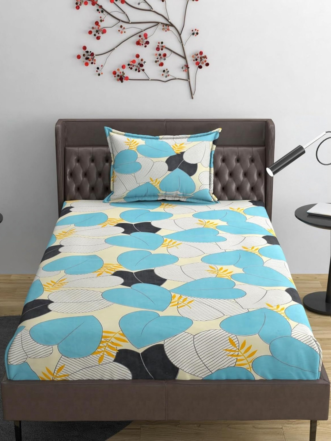 Innovative Edge Blue Leaf Cotton 160 TC Fitted Single Superfine Bedsheet with a Pillow Cover-48 x 71 inches