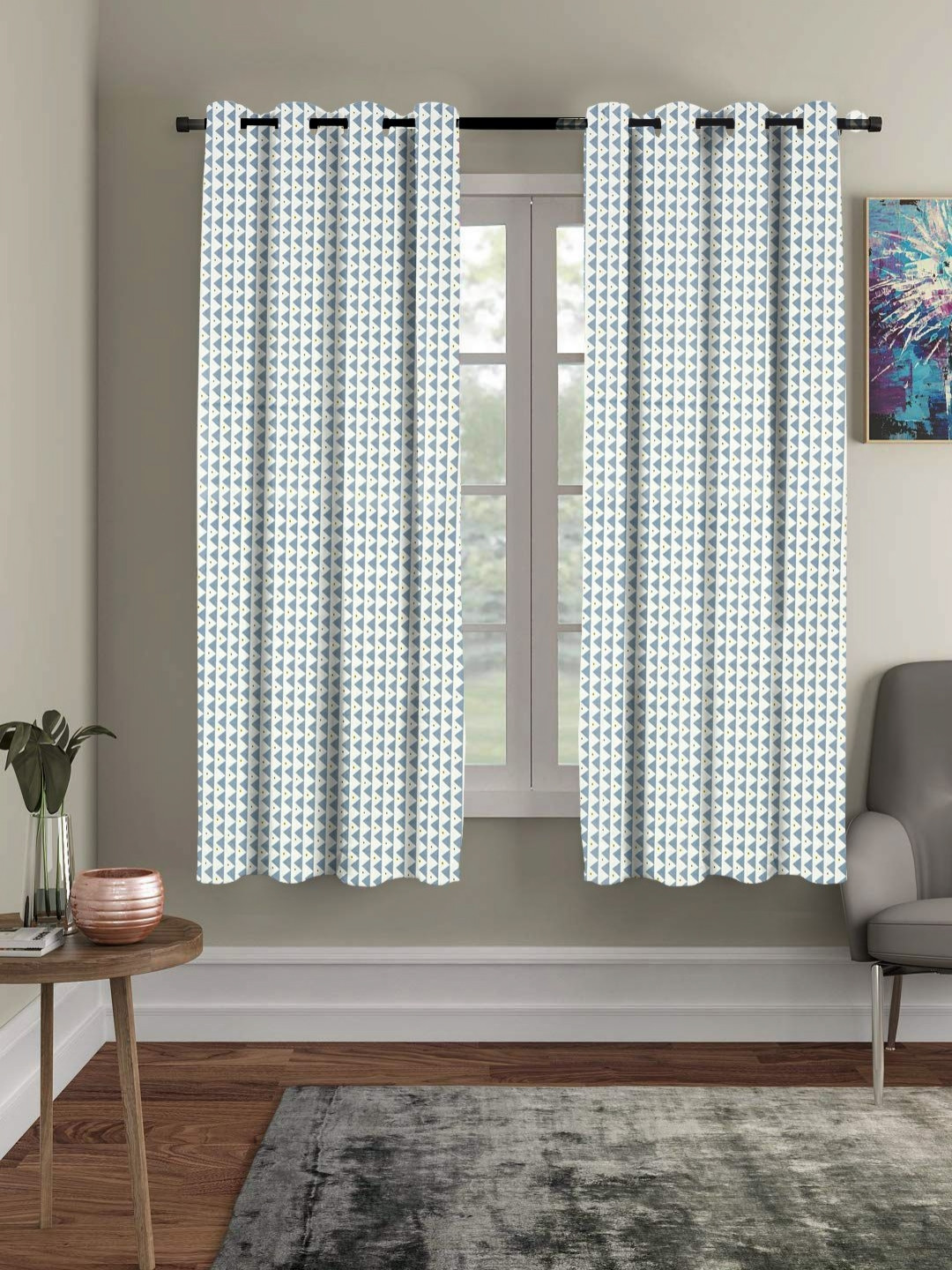RRC Grey & White Set of 2 Geometric Window Curtains and Sheers