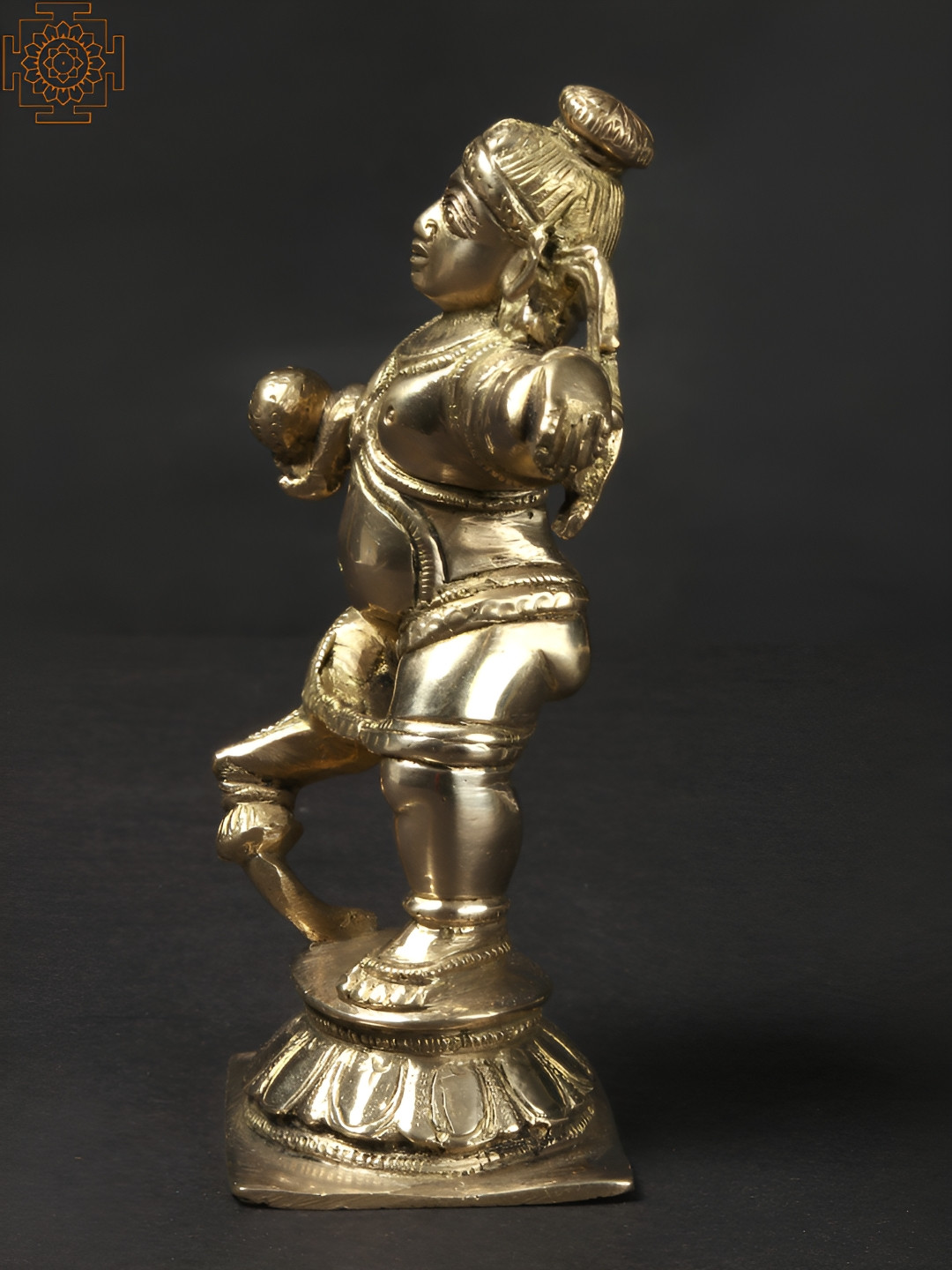 Exotic India Dancing Shri Krishna Gold Brass Metallic Prayer Room Small Showpiece - 5.3 Inches