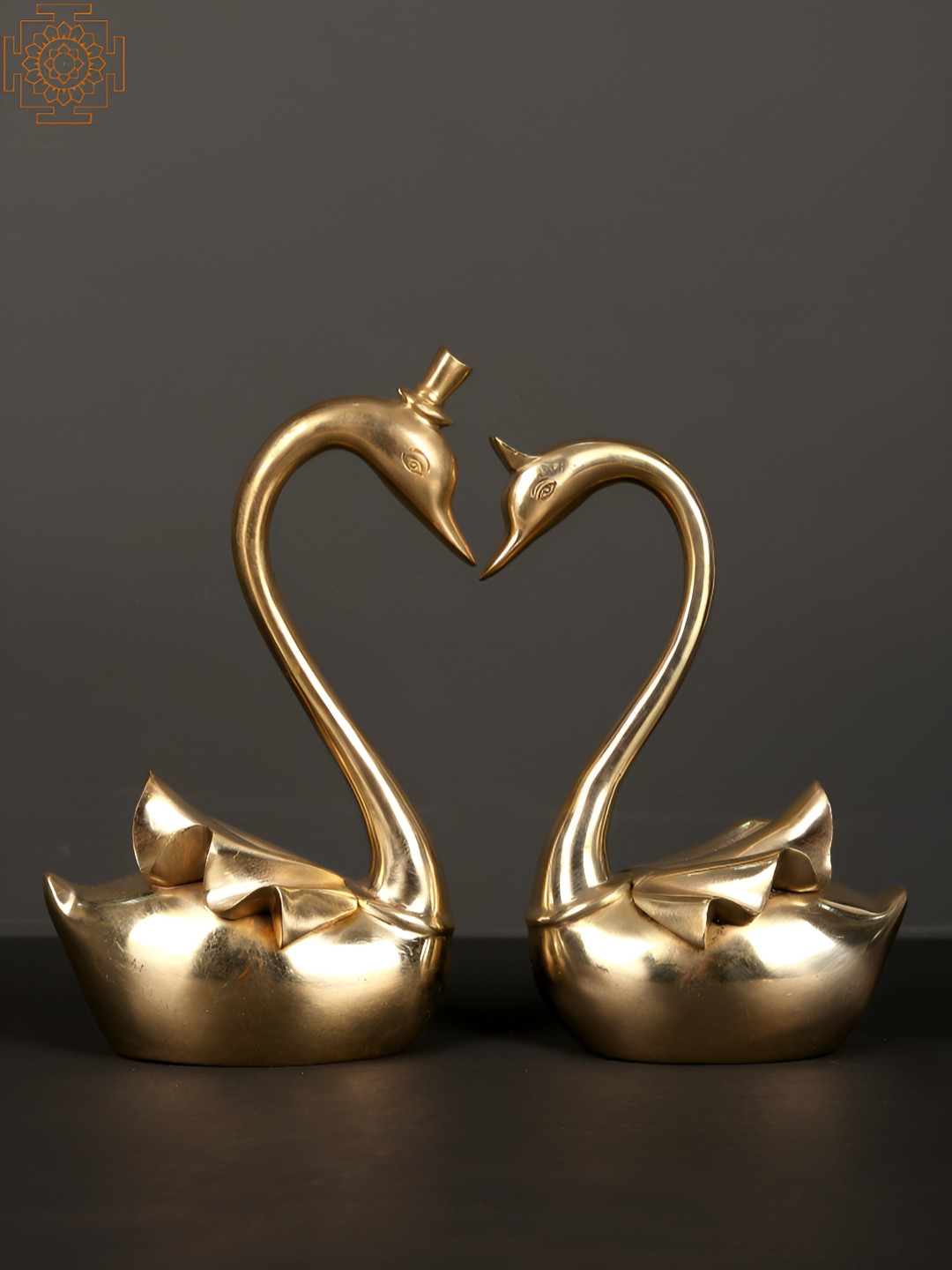 Exotic India Mr. and Mrs. Swan Couple Gold Brass Metallic Garden Set of 2 Small Showpieces - 7.2 Inches
