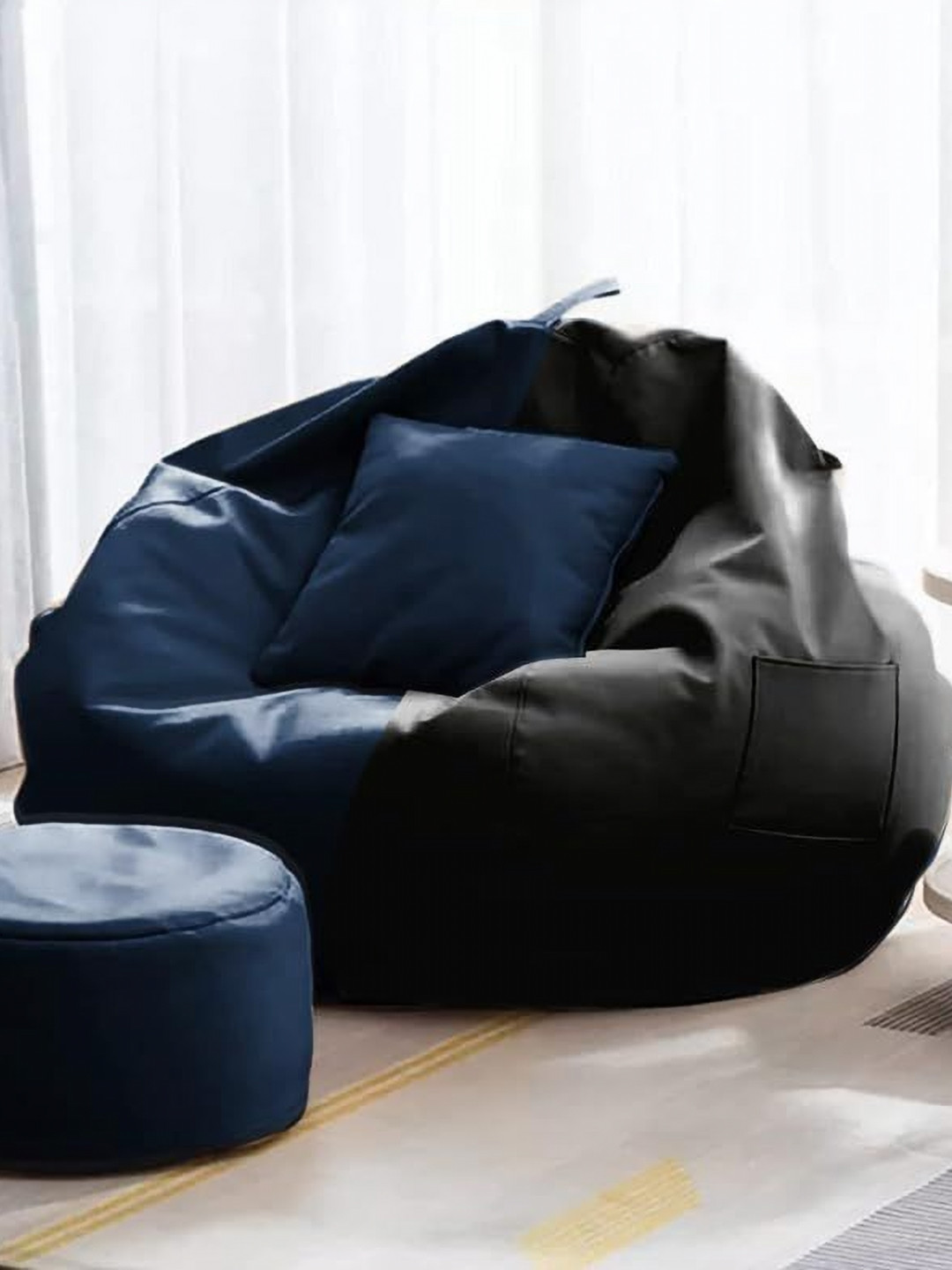 Coaster Shine Set Of 3 Black & Navy Blue Bean Bag With Pillow & Footstool Covers Set