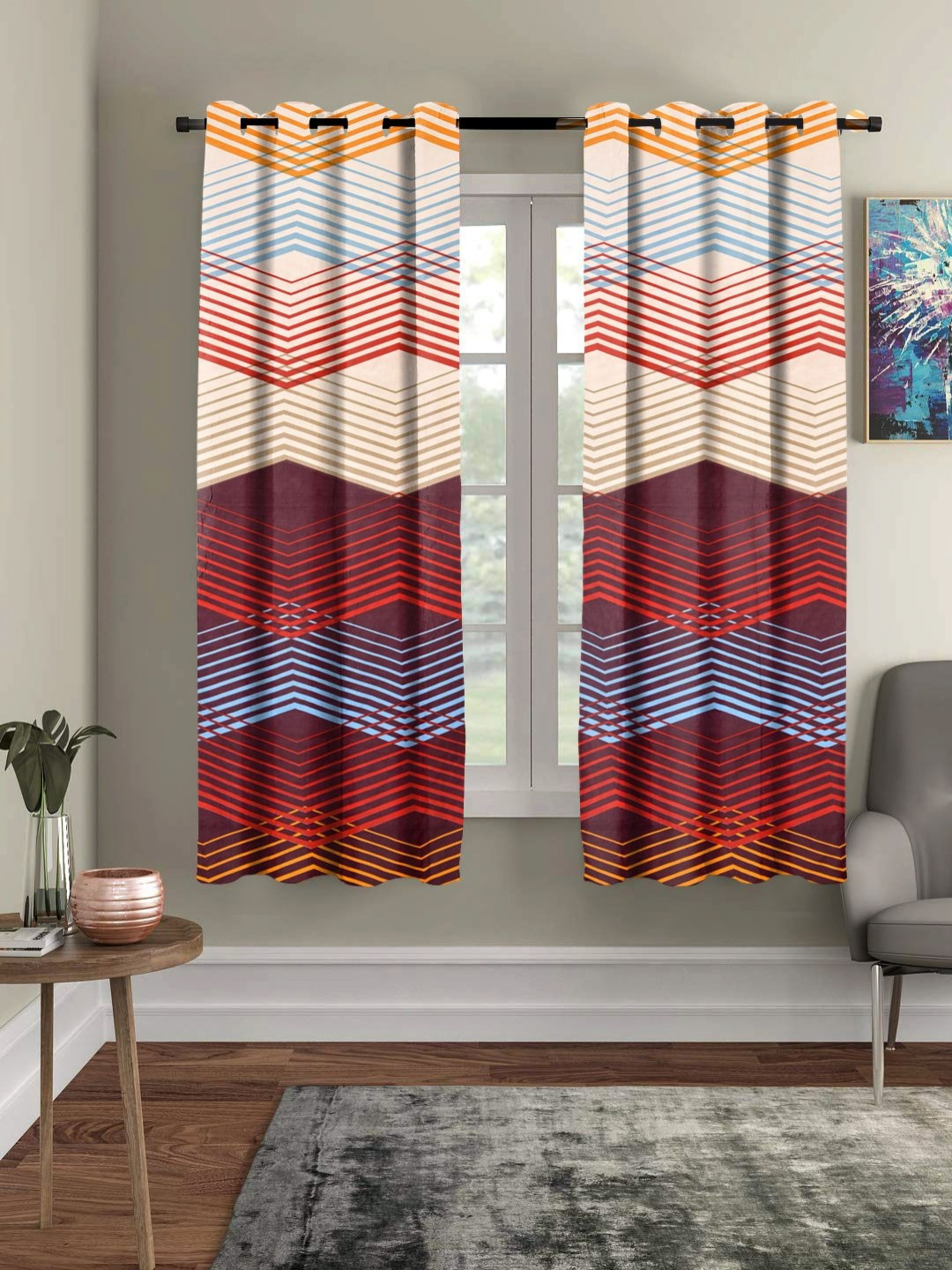 RRC Maroon & Beige Set of 2 Geometric Window Curtains and Sheers