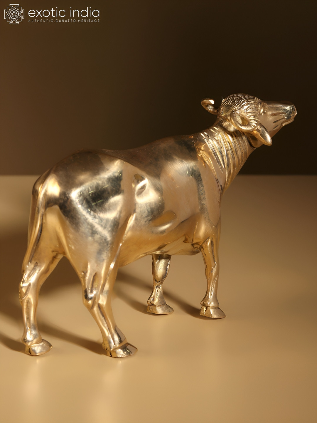 Exotic India Buffalo Gold Brass Metallic Home Office Small Showpiece - 4.8 Inches