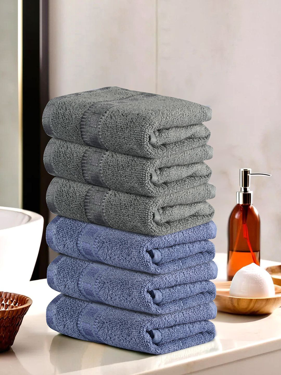 Kuber Industries Dark Blue & Grey 6 Pieces Cotton Highly Absorbent 225 GSM Face Towel