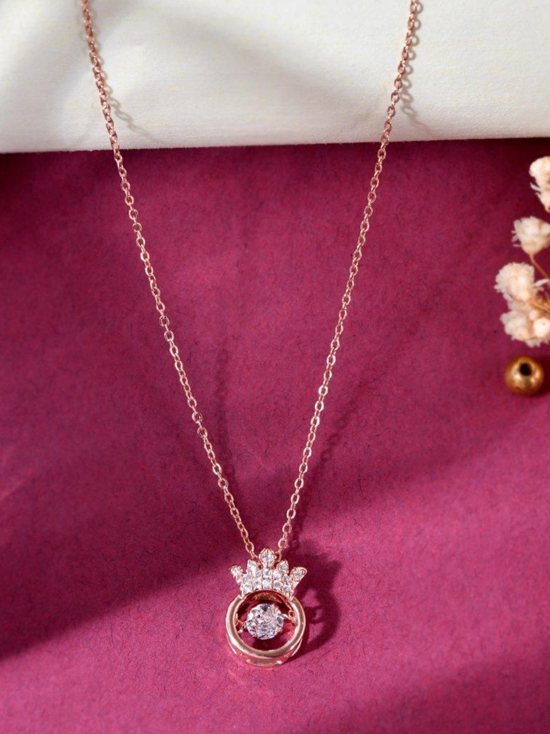 VOJ Stainless Steel Rose Gold-Plated AD Studded Crown Shaped Pendant With Chain