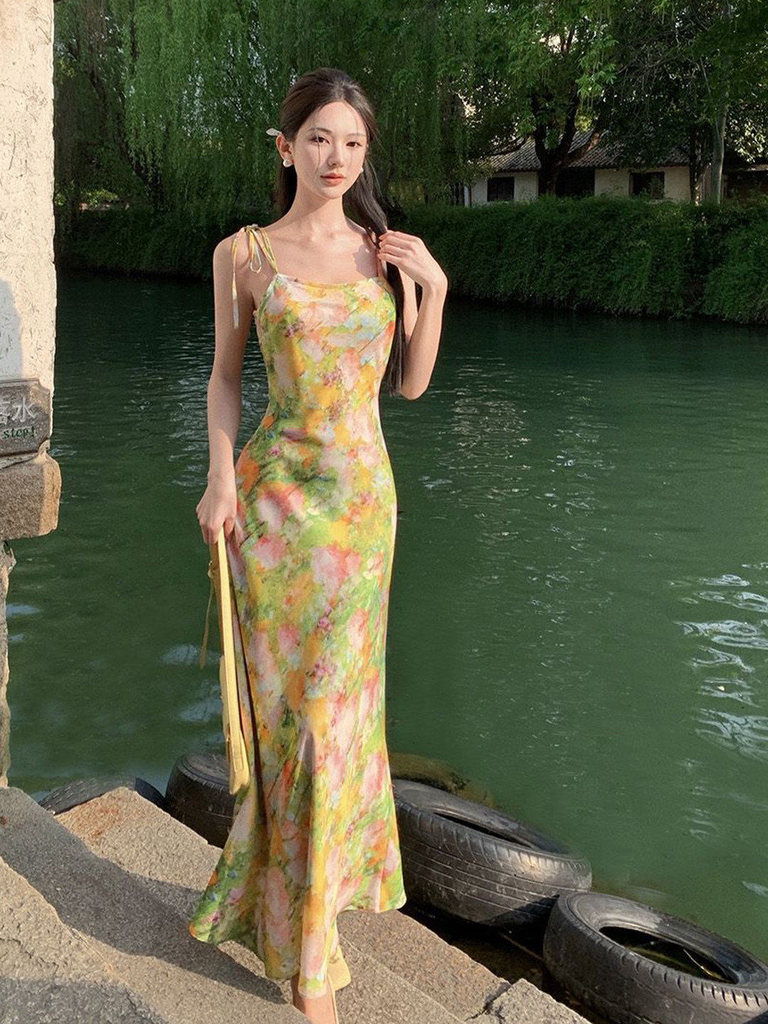 JC Mode Women Abstract Printed Shoulder Straps Maxi Dress