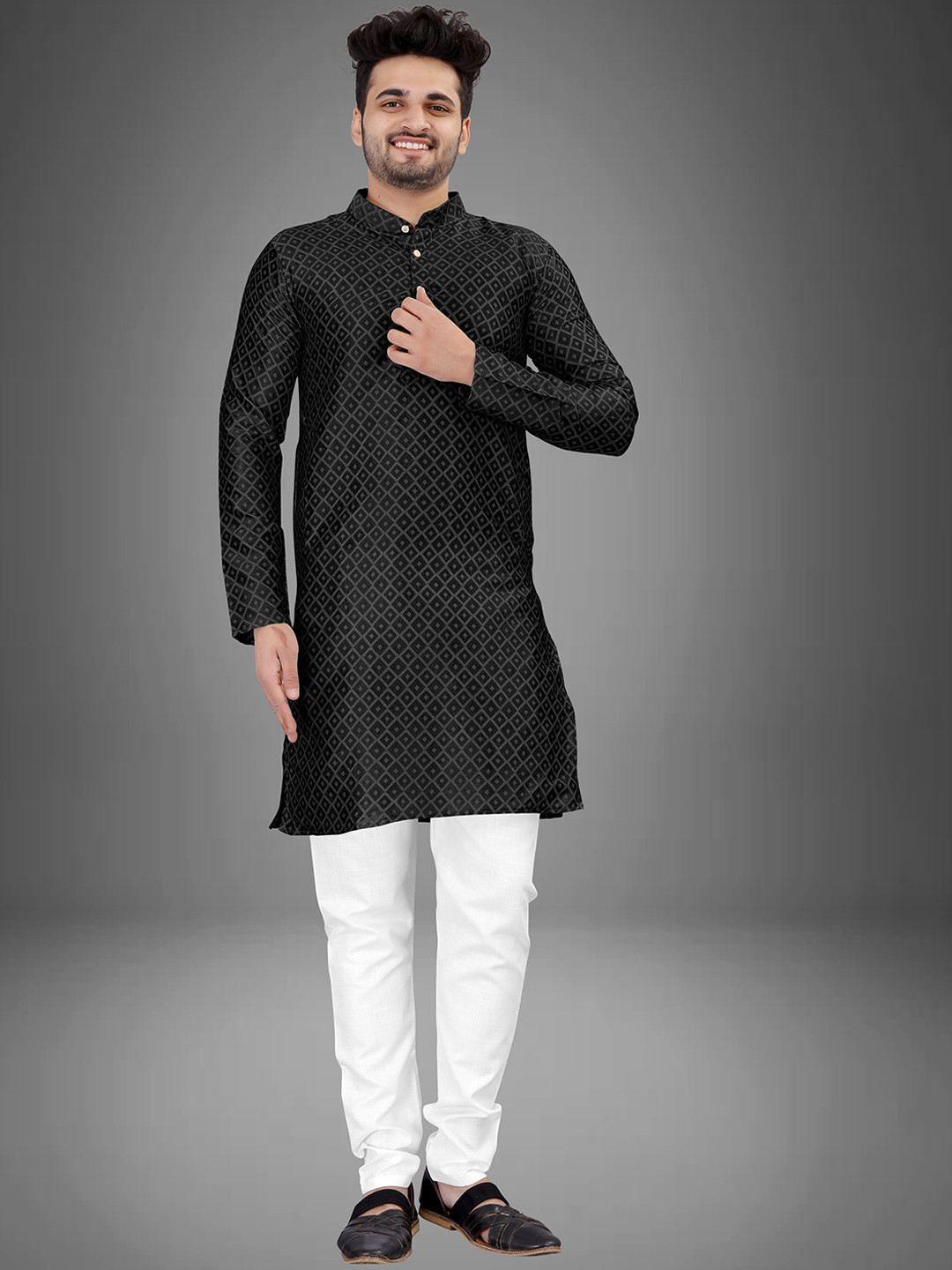 trustous Geometric Woven Design Mandarin Collar Jacquard Weave Silk Straight Kurta