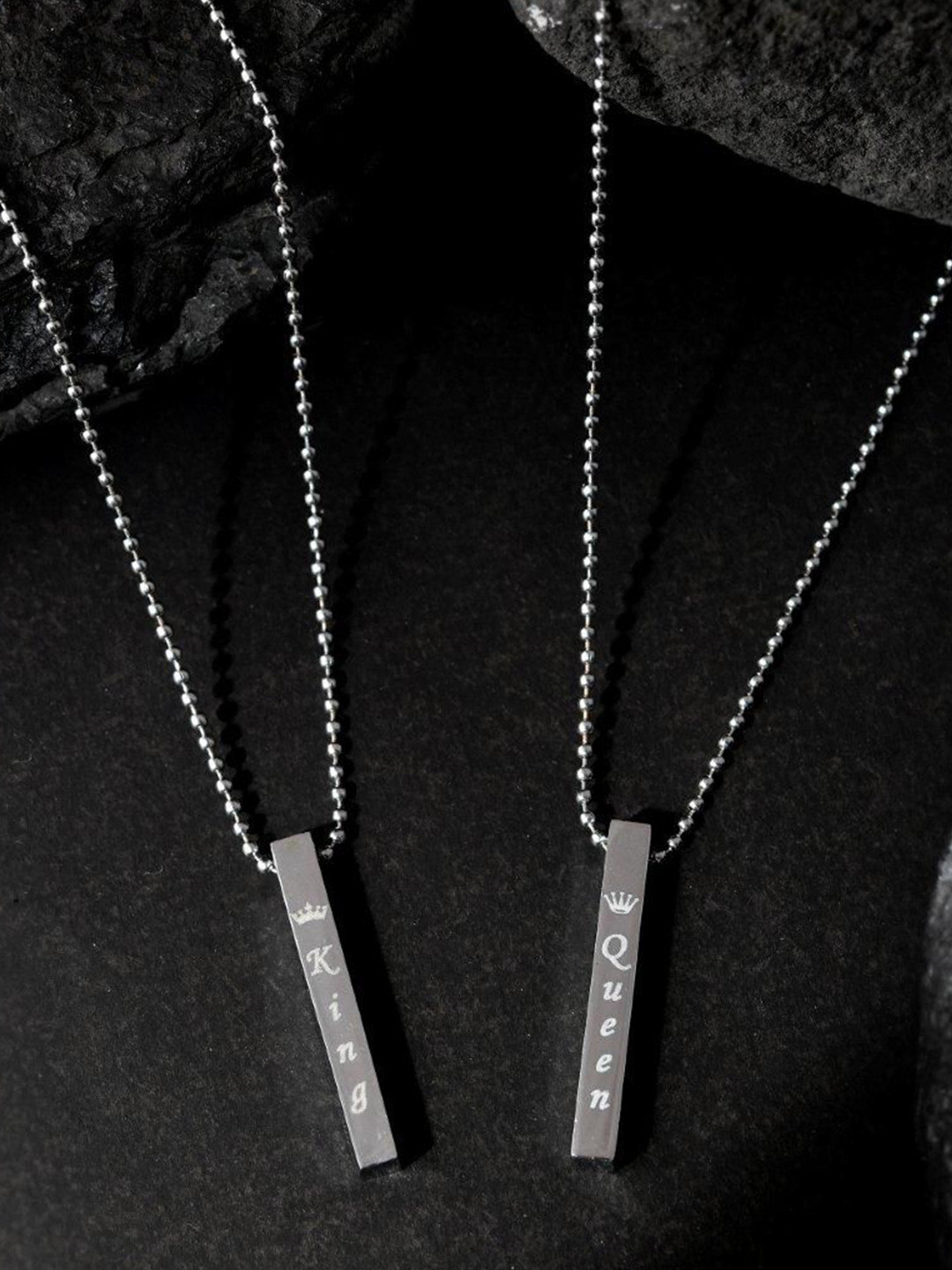 VOJ Unisex Set of 2 Stainless Steel Silver Plated Couple King & Queen Chains