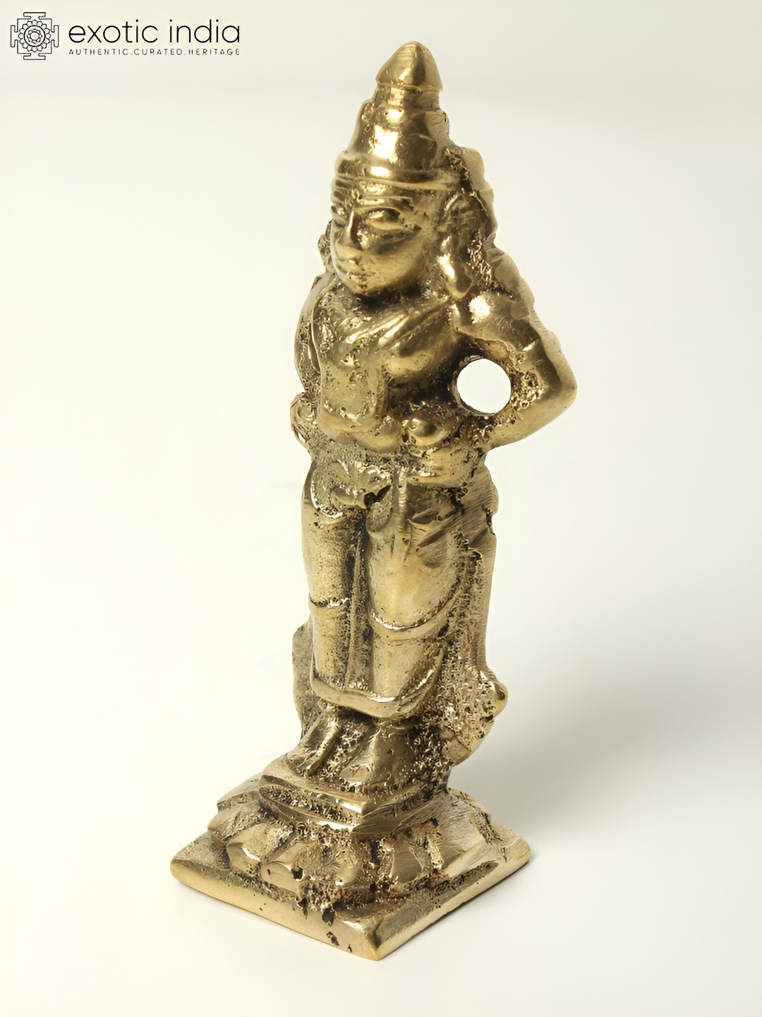 Exotic India Rough Cast Krishna Gold Brass Metallic Prayer Room Small Showpiece - 4.2 Inches