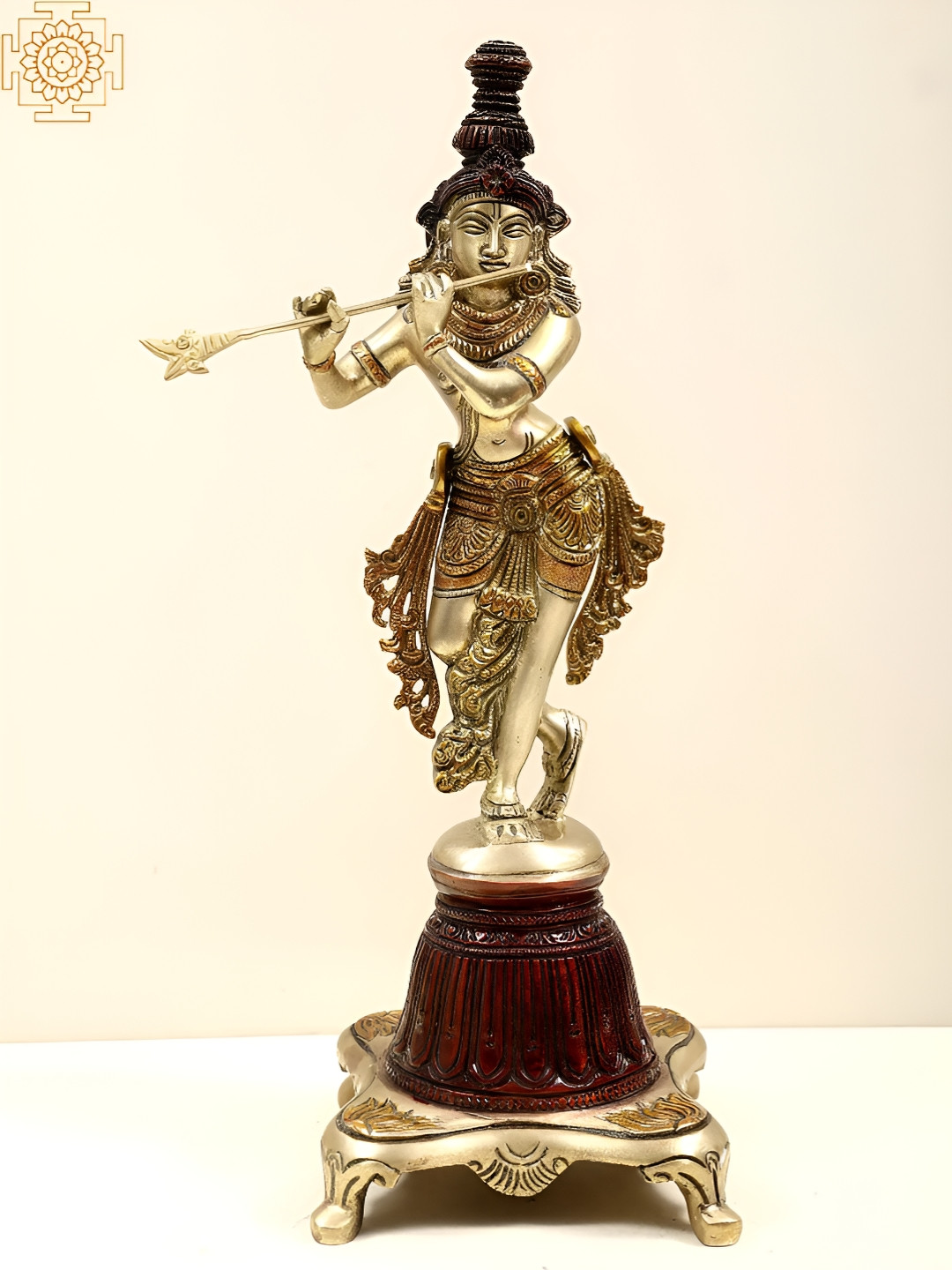 Exotic India Lord Krishna On A High Pedestal Red Brass Metallic Living Room Medium Showpiece - 12.5 Inches
