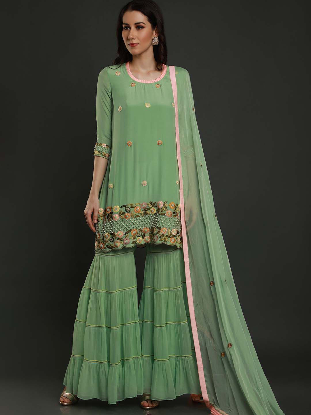 Sejal Kamdar Cyan Floral Embroidered Thread Work Kurti With Garara & Dupatta