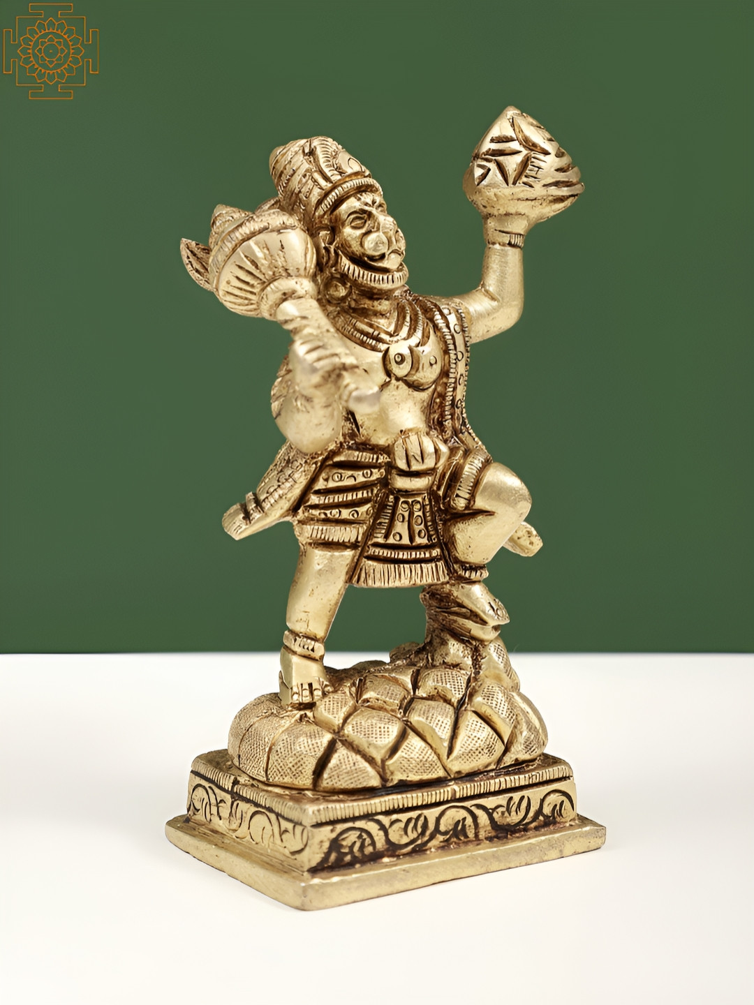 Exotic India Hanuman Lifting Sanjeevani Booti Mountain Gold Brass Metallic Prayer Room Hand Made Small Showpiece - 4.2 Inches