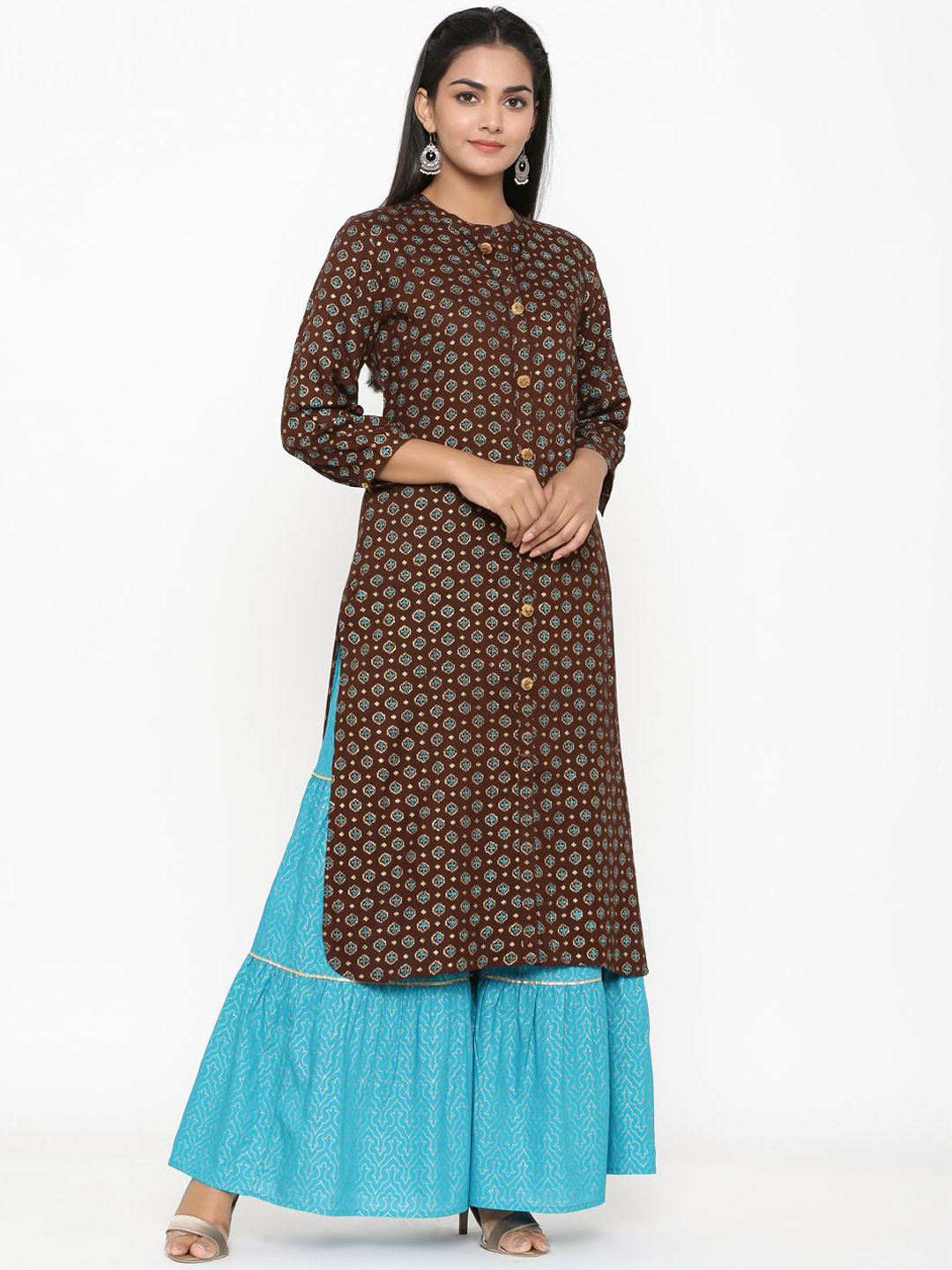 Anouk Brown Floral Printed Straight Kurta with Sharara