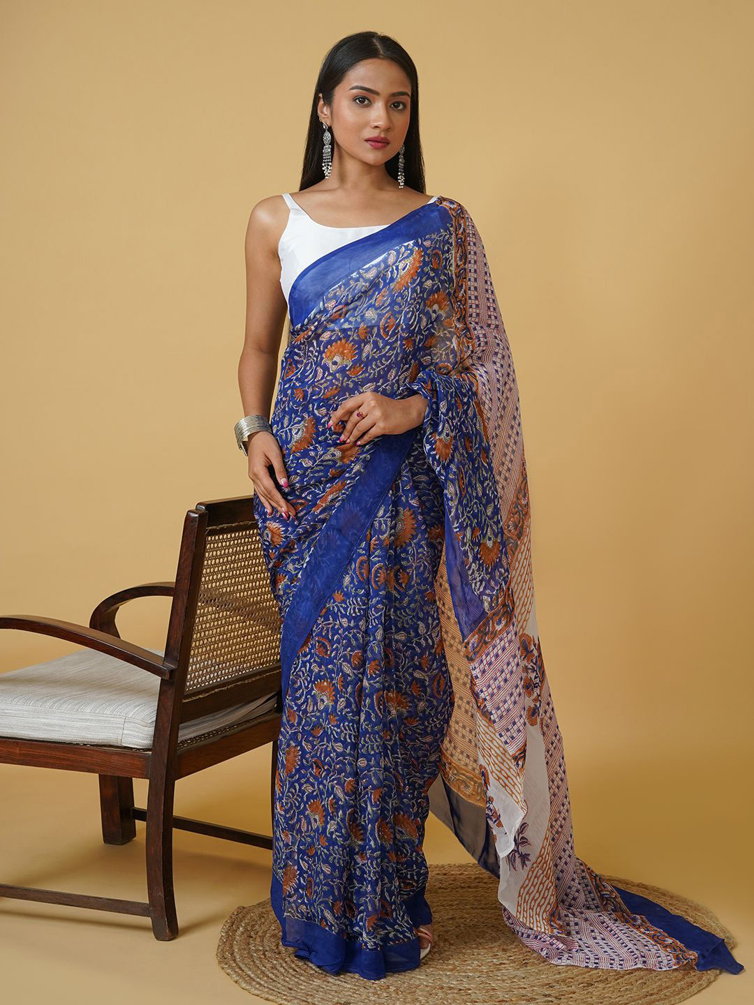 TEEJH Floral Organza Block Print Saree