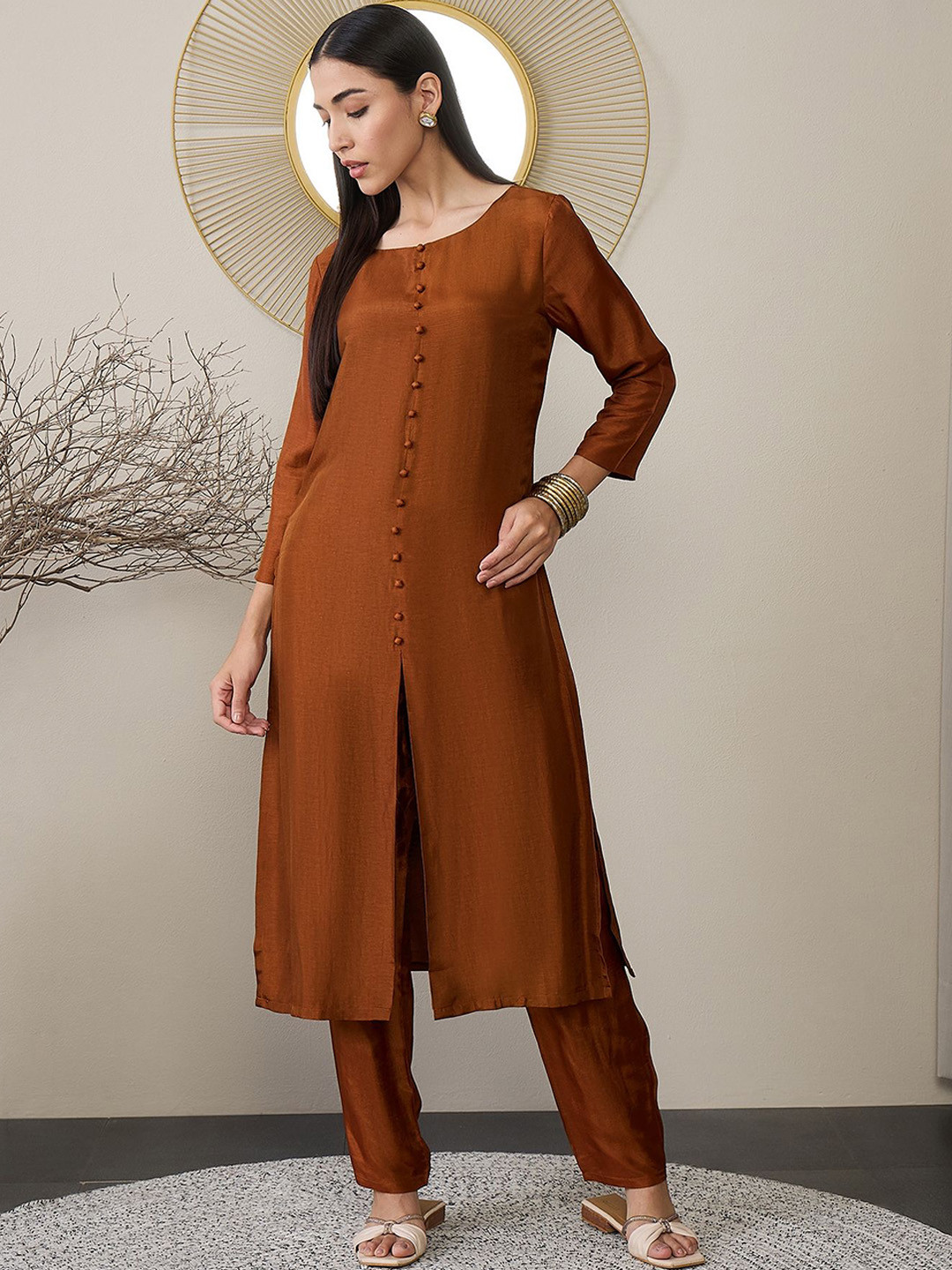 ADORNIA Round Neck High Slit Pure Silk Kurta with Trousers