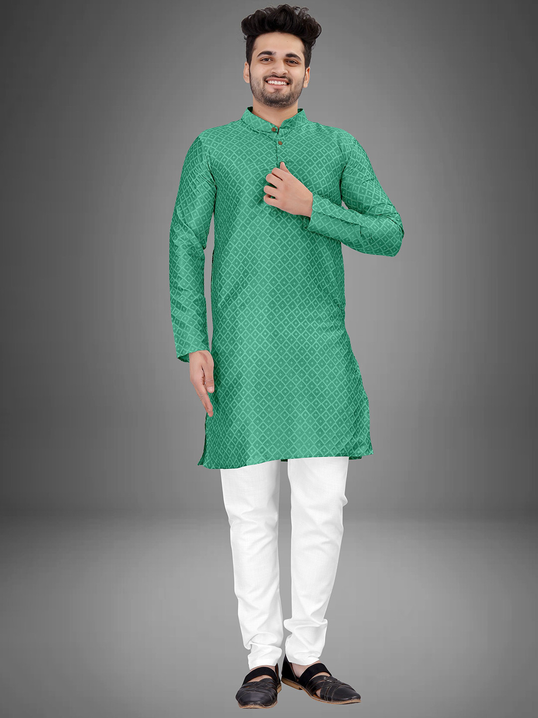 trustous Geometric Woven Design Mandarin Collar Jacquard Weave Silk Straight Kurta