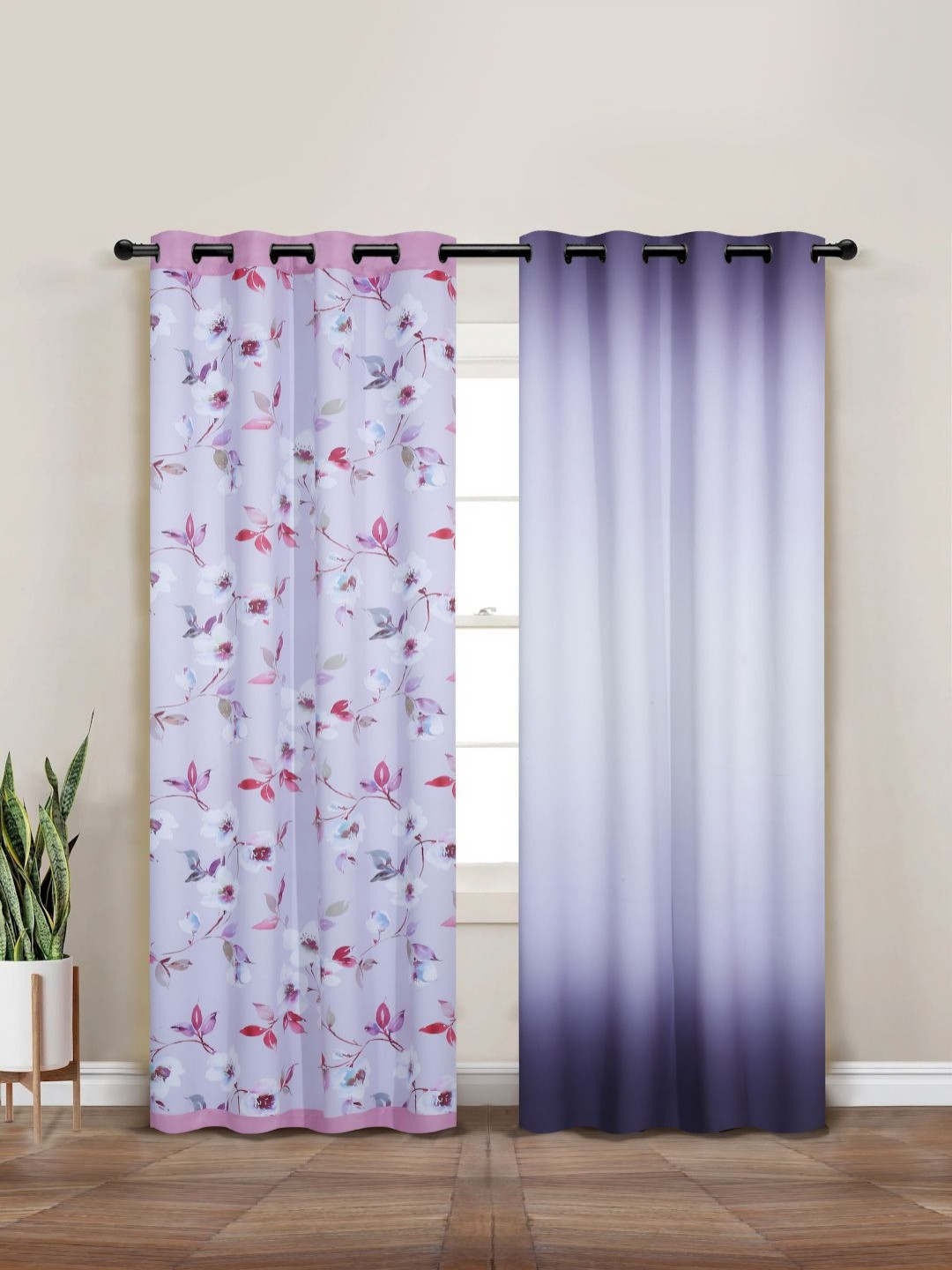 Myntra Elegant Homes Lavender & White Set of 2 Floral Black Out Door Curtain