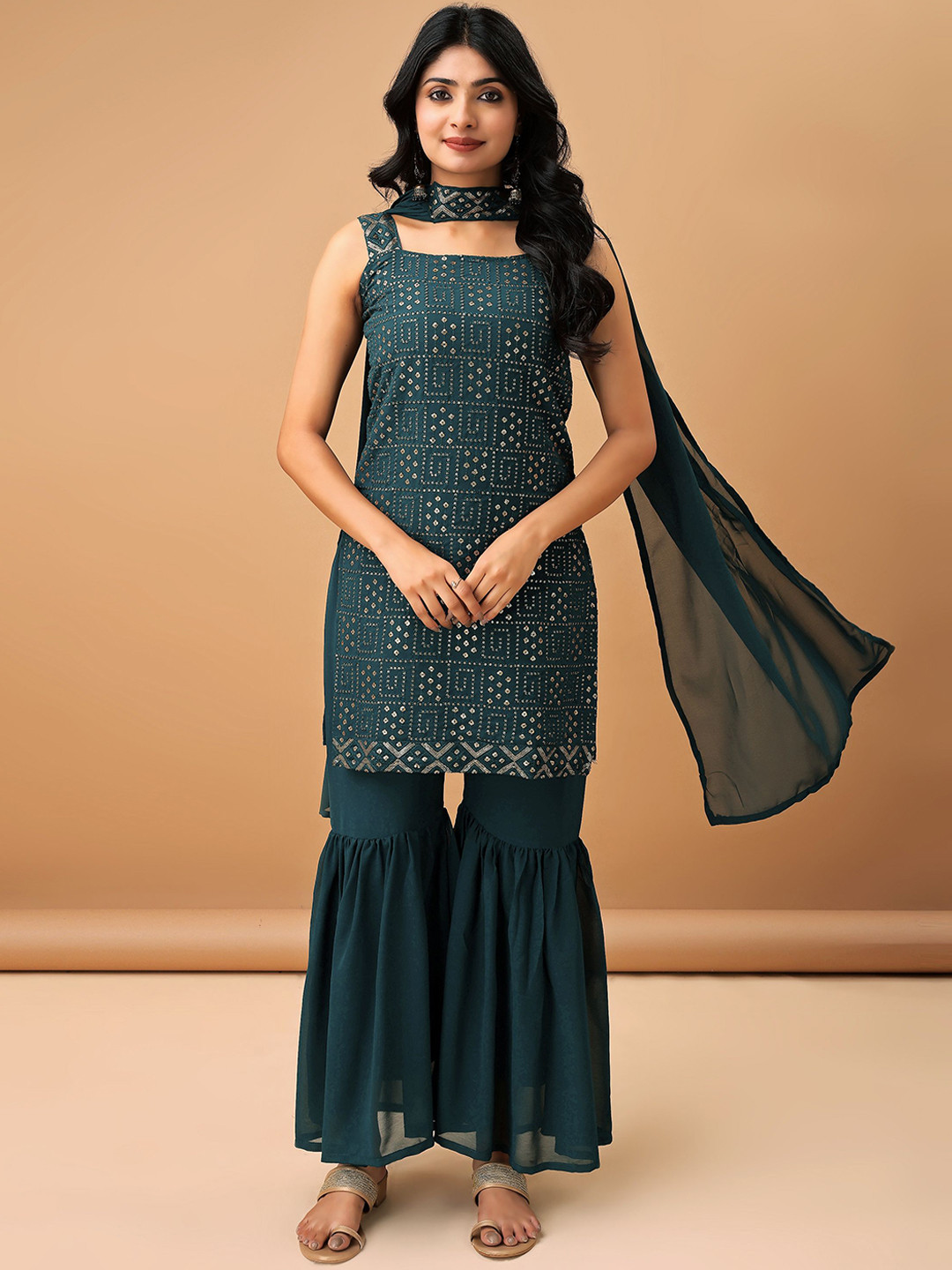 Sashay Boutique Embroidered Regular Sequinned Straight Kurta with Sharara & Dupatta