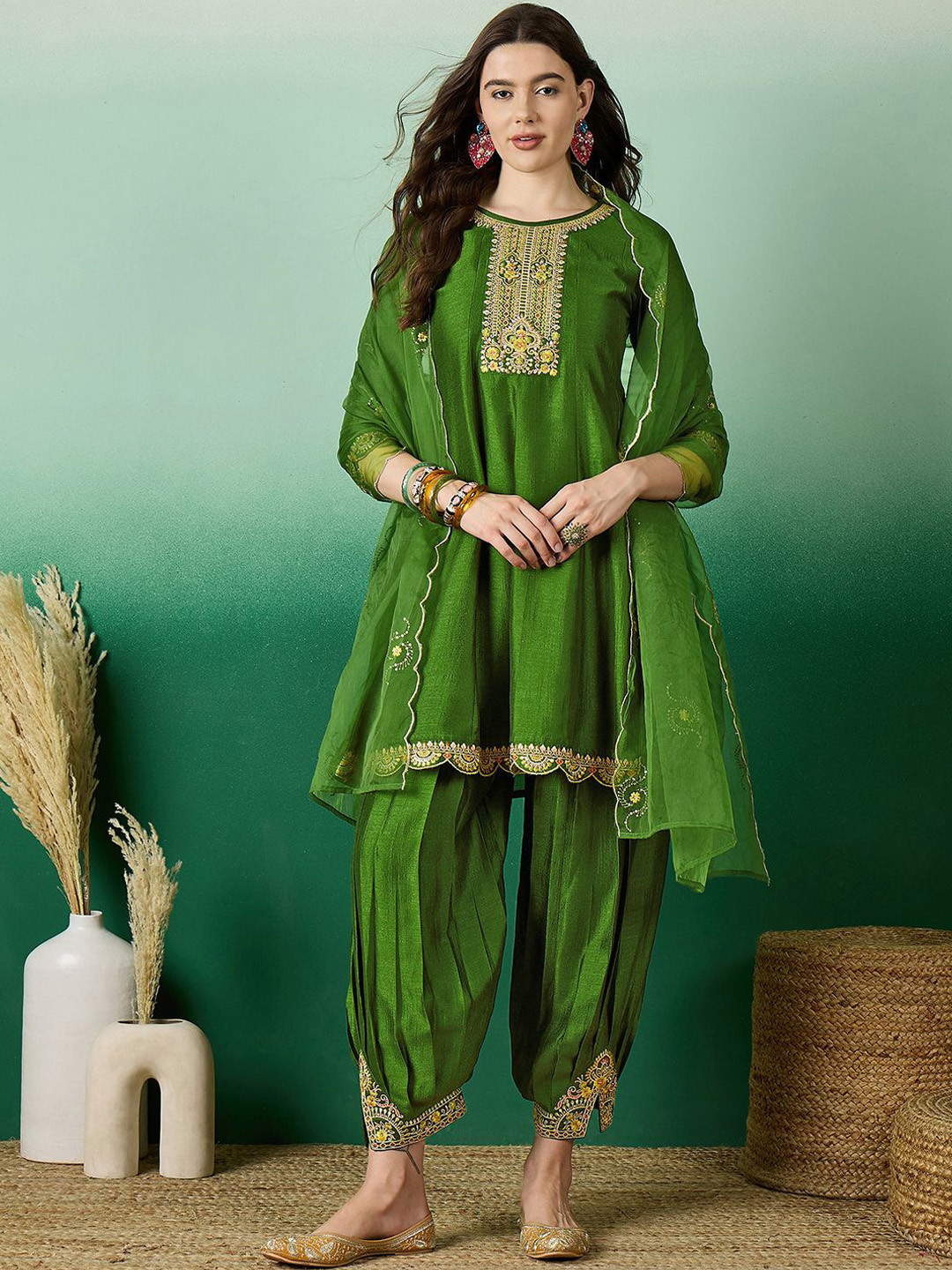 Sangria Floral Embroidered Sequence A Line Kurta With Harem Pants & Dupatta