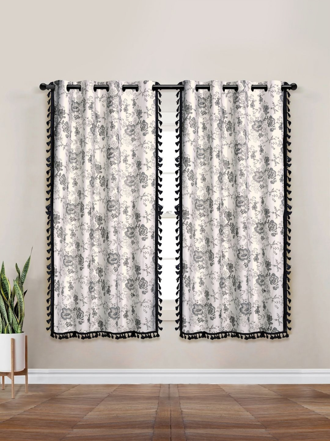 Myntra Elegant Homes White & Grey Set of 2 Floral Black Out Window Curtain