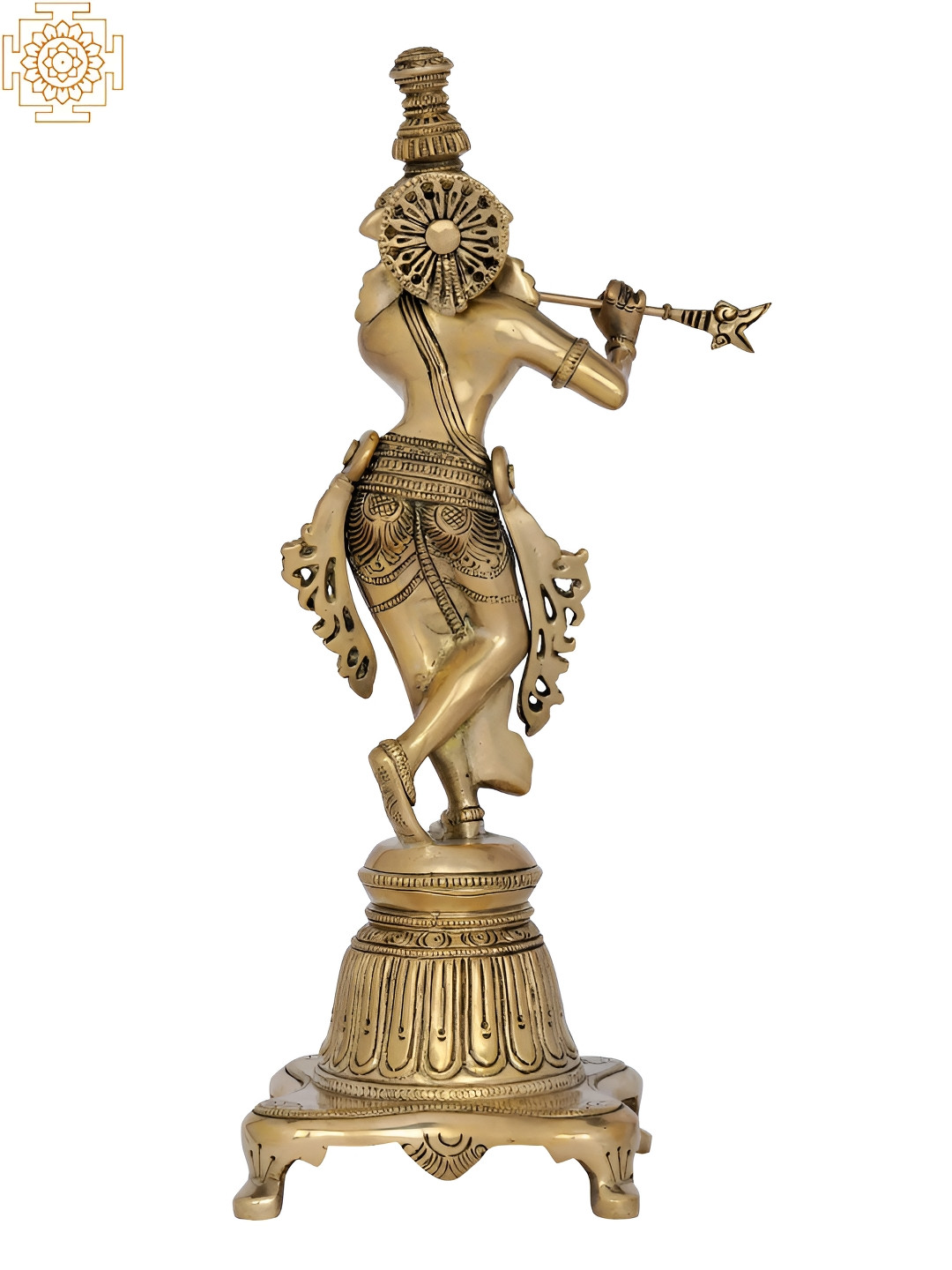 Exotic India Lord Krishna on High Pedestal Black Brass Metallic Living Room Medium Showpiece - 12.5 Inches