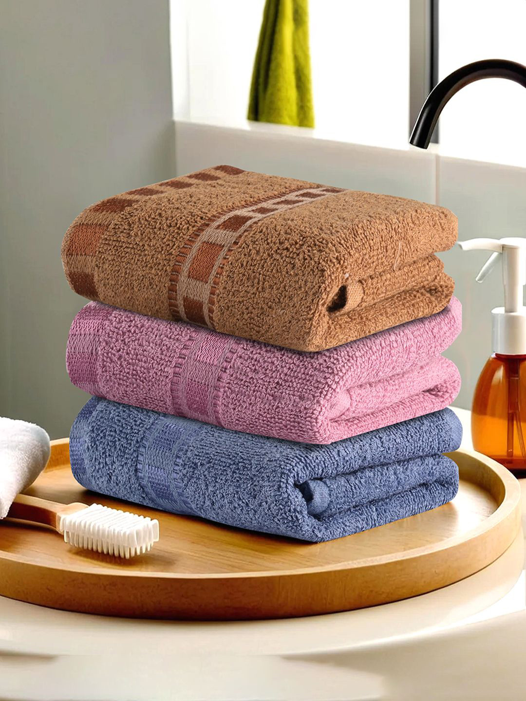 Kuber Industries Brown 3 Pieces Self Design Cotton Highly Absorbent 225 GSM Face Towels