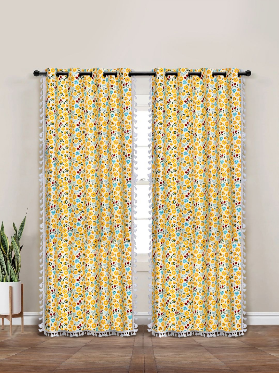 Myntra Elegant Homes Yellow & White Set of 2 Floral Door Curtain