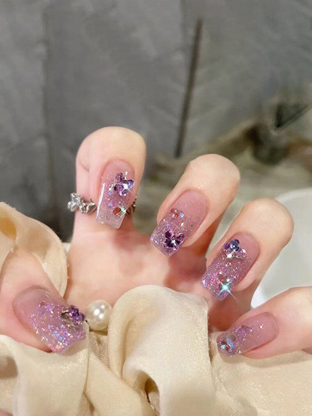 The Pink Truck Set Of 24 Reusable Artificial Nails - Purple Butterfly Design