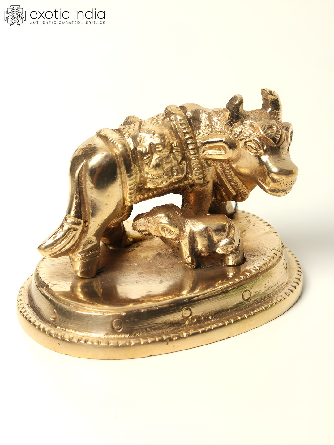Exotic India Kamadhenu Cow with Calf Gold Brass Metallic Prayer Room Tiny Showpiece - 1.5 Inches